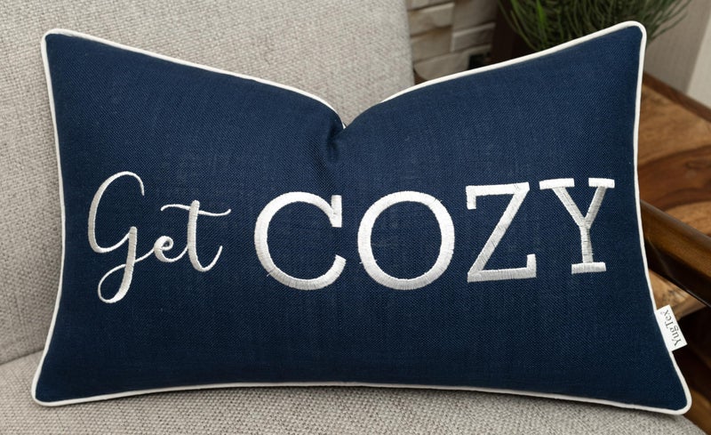YugTex Romantic Couple Love Sentiment Embroidered Decorative Sayings Lumbar Accent Throw Pillowcase - Get Cozy Phrase Decor for Wedding, Anniversary, Valentine - 12x20 Inches, Navy Blue - Image 1